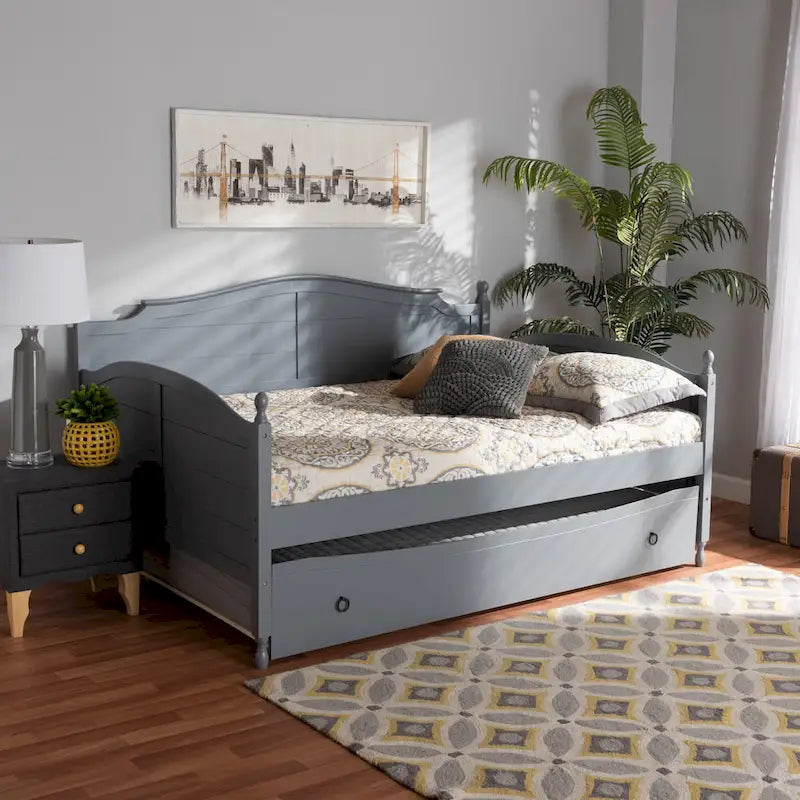 Lit de repos double style cottage avec lit gigogne escamotable