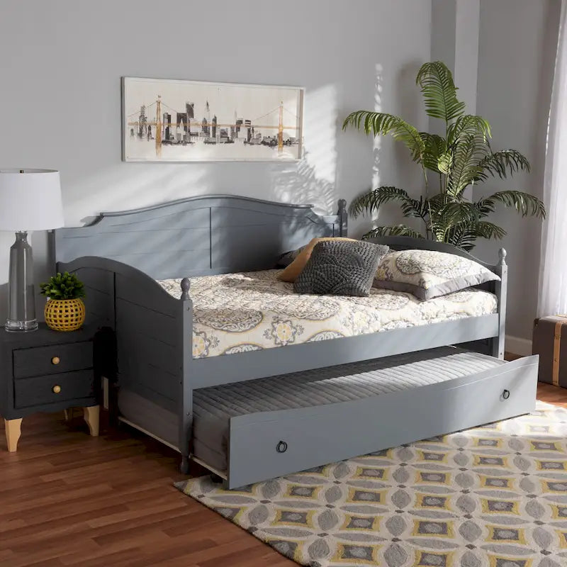 Lit de repos double style cottage avec lit gigogne escamotable