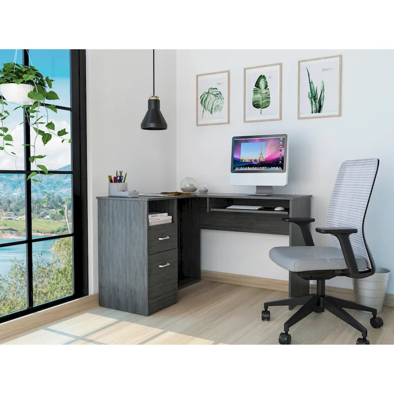 Bureau d'angle avec deux tiroirs, une étagère et un compartiment UC
