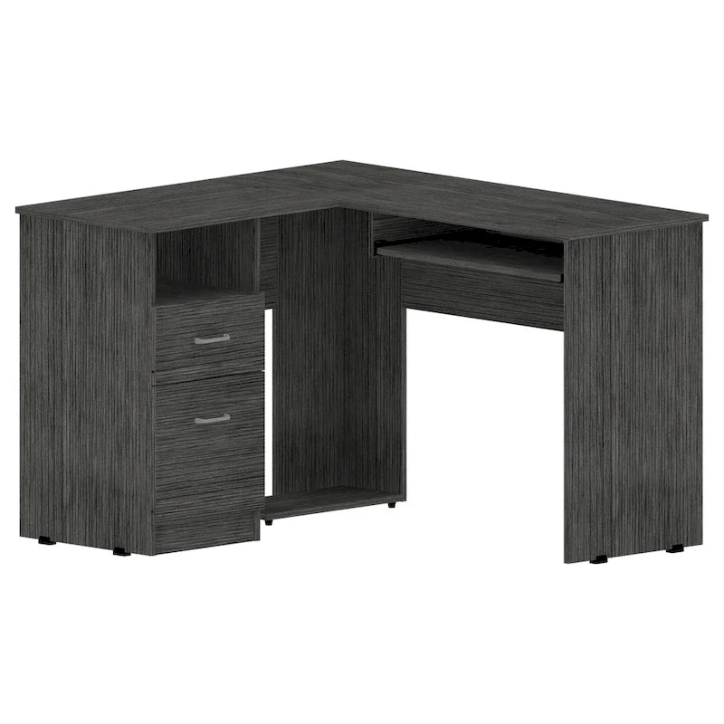 Bureau d'angle avec deux tiroirs, une étagère et un compartiment UC