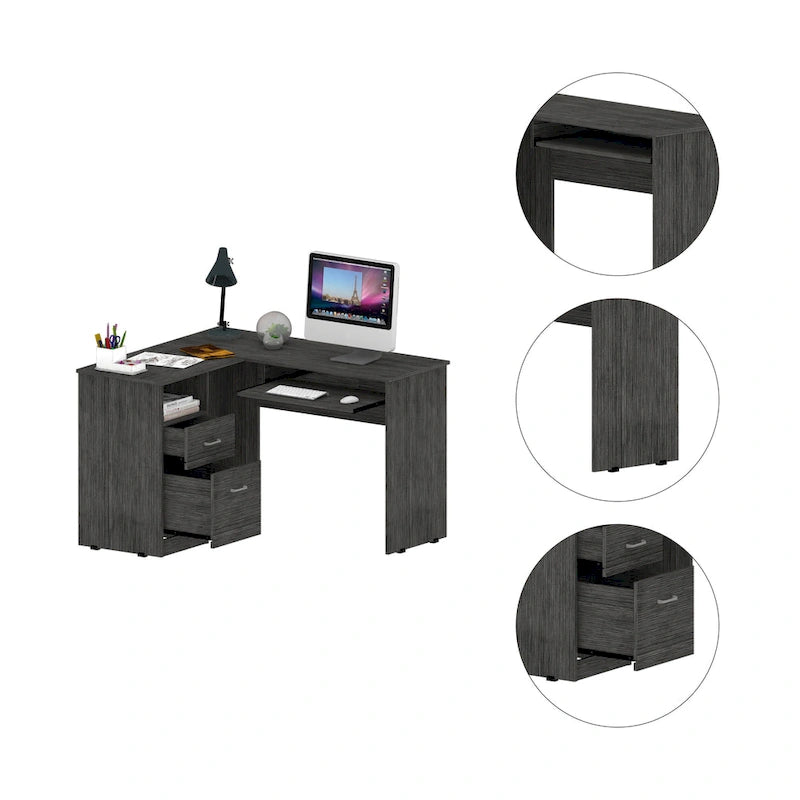 Bureau d'angle avec deux tiroirs, une étagère et un compartiment UC