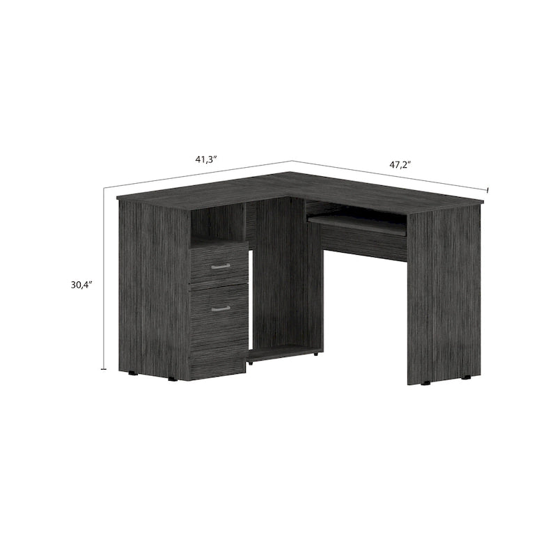 Bureau d'angle avec deux tiroirs, une étagère et un compartiment UC