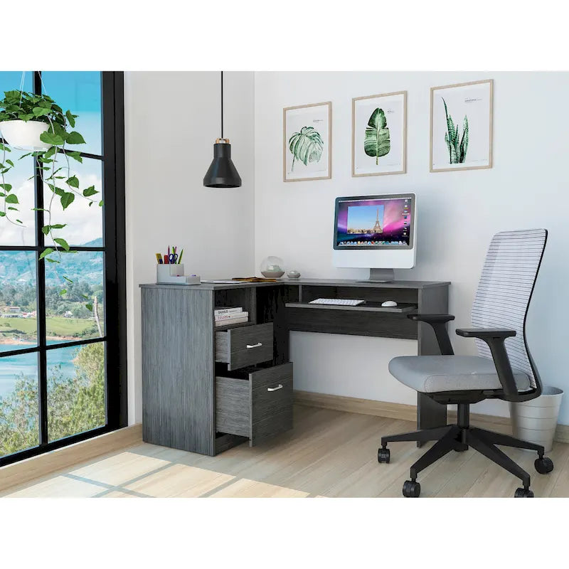 Bureau d'angle avec deux tiroirs, une étagère et un compartiment UC