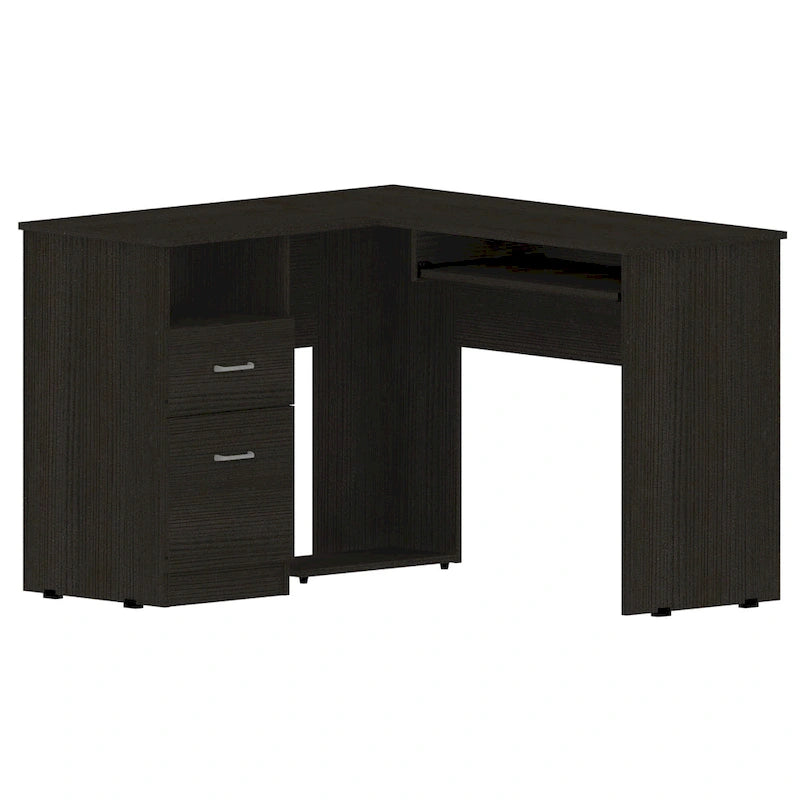 Bureau d'angle avec deux tiroirs, une étagère et un compartiment UC