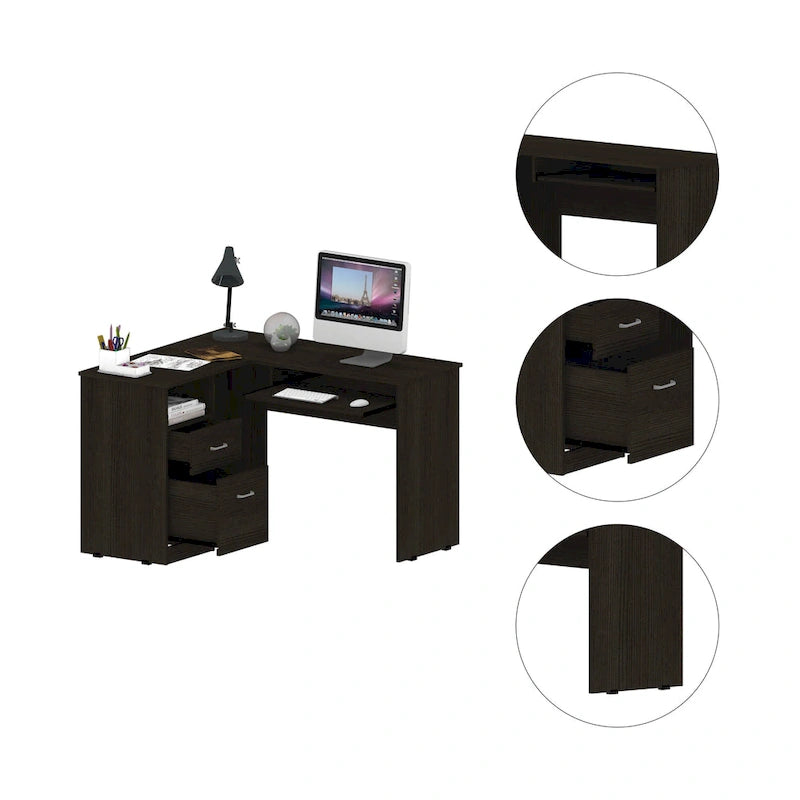Bureau d'angle avec deux tiroirs, une étagère et un compartiment UC