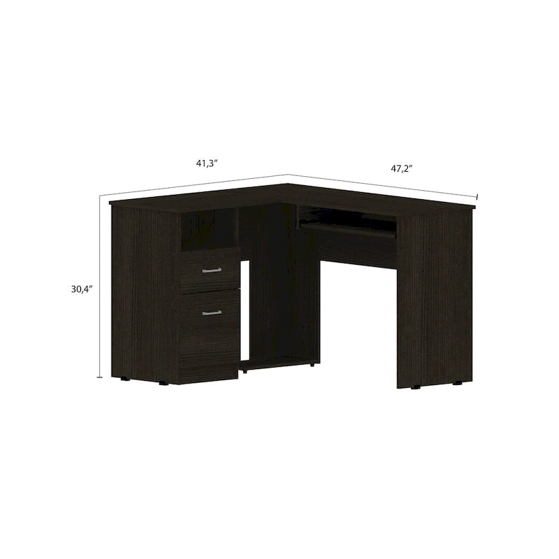 Bureau d'angle avec deux tiroirs, une étagère et un compartiment UC