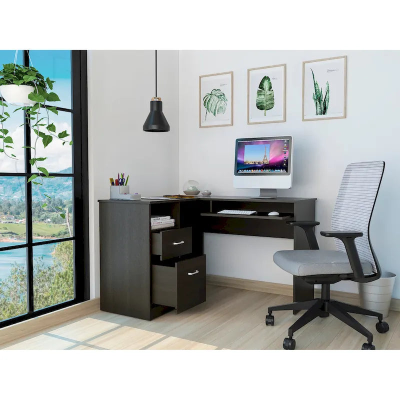 Bureau d'angle avec deux tiroirs, une étagère et un compartiment UC