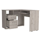 Bureau d'angle avec deux tiroirs, une étagère et un compartiment UC