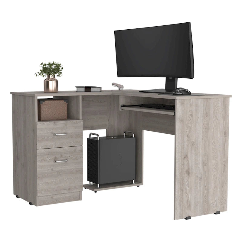 Bureau d'angle avec deux tiroirs, une étagère et un compartiment UC
