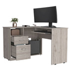 Bureau d'angle avec deux tiroirs, une étagère et un compartiment UC