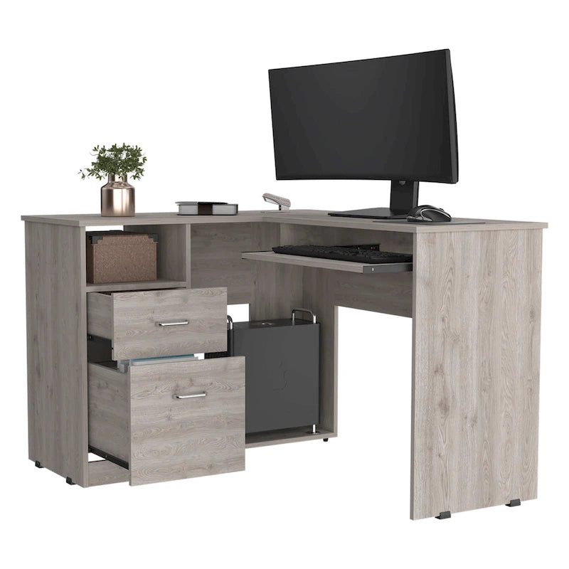 Bureau d'angle avec deux tiroirs, une étagère et un compartiment UC