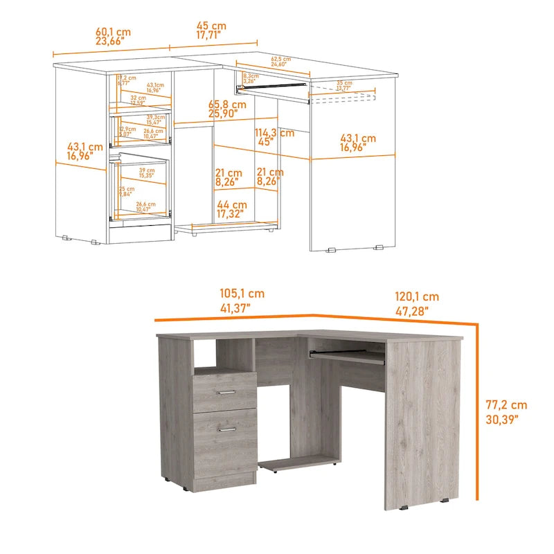 Bureau d'angle avec deux tiroirs, une étagère et un compartiment UC
