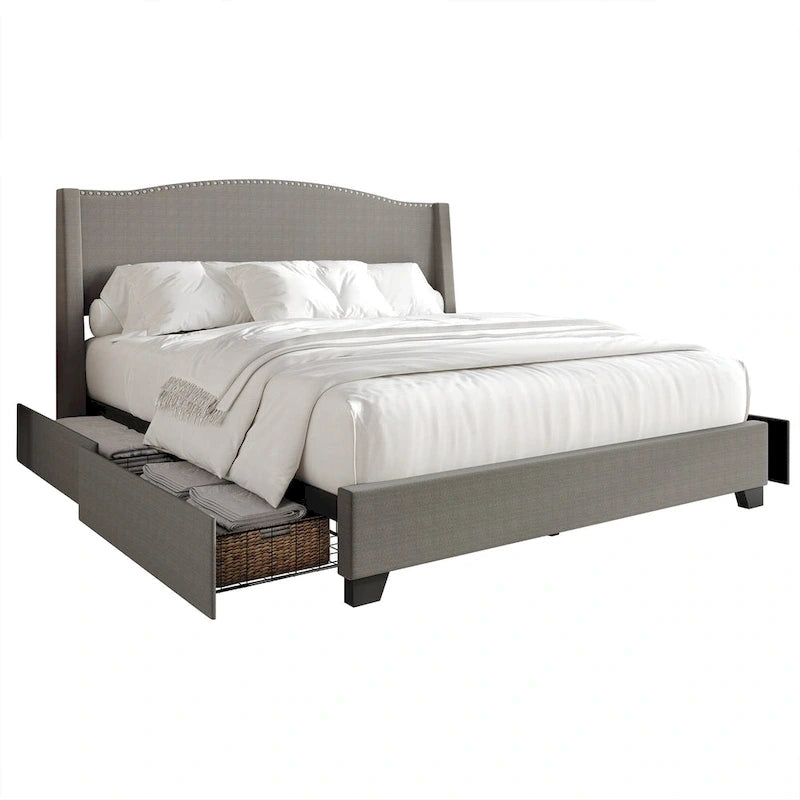 Lit tapissier élégant à oreilles avec clous décoratifs chromés et tiroirs de rangement