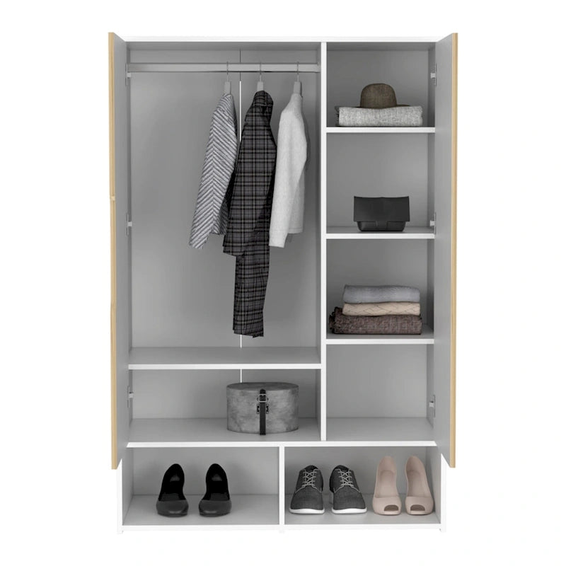 Armoire deux portes avec étagères ouvertes et tringle à vêtements