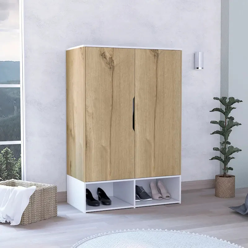 Armoire deux portes avec étagères ouvertes et tringle à vêtements