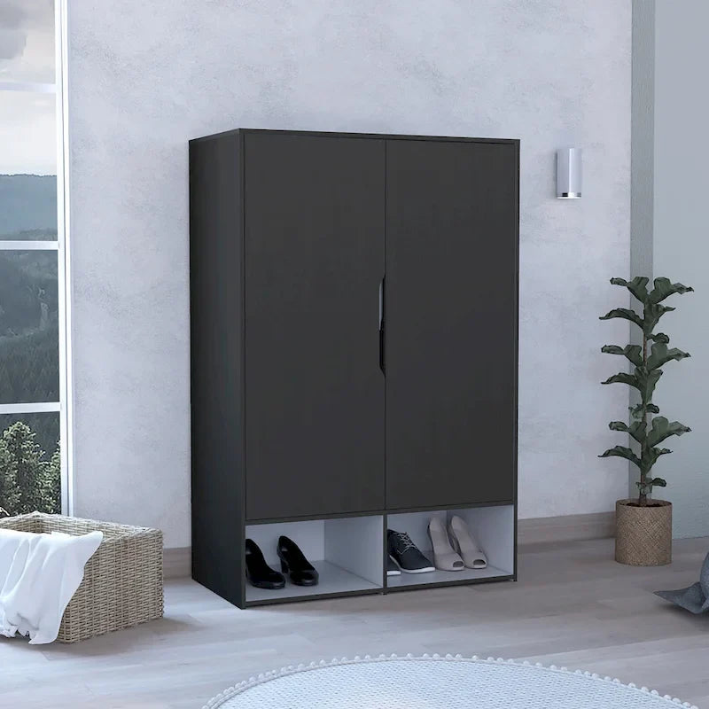 Armoire deux portes avec étagères ouvertes et tringle à vêtements