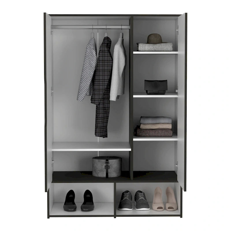 Armoire deux portes avec étagères ouvertes et tringle à vêtements