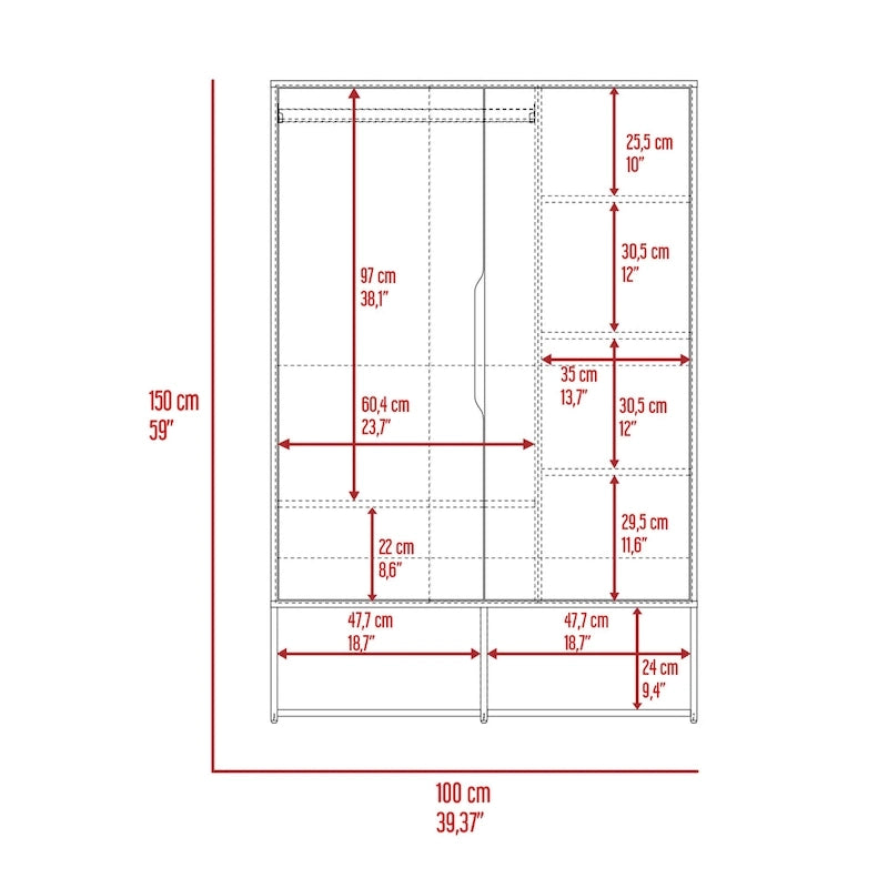 Armoire deux portes avec étagères ouvertes et tringle à vêtements