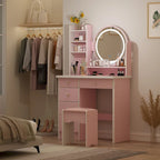 Coiffeuse 5 tiroirs avec miroir lumineux, rose/noir, 52H