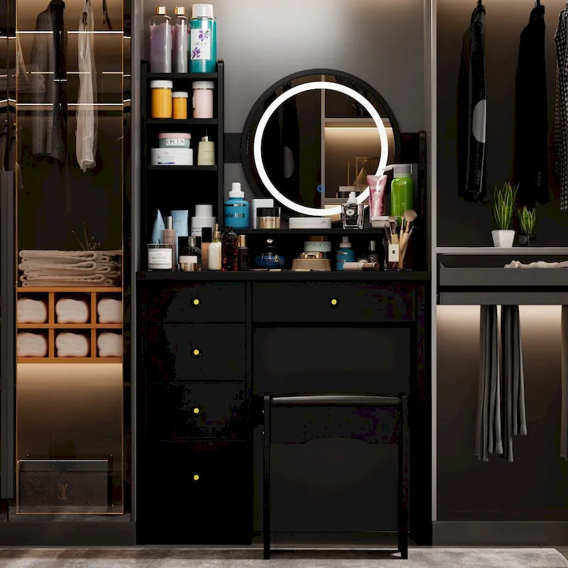 Coiffeuse 5 tiroirs avec miroir lumineux, rose/noir, 52H