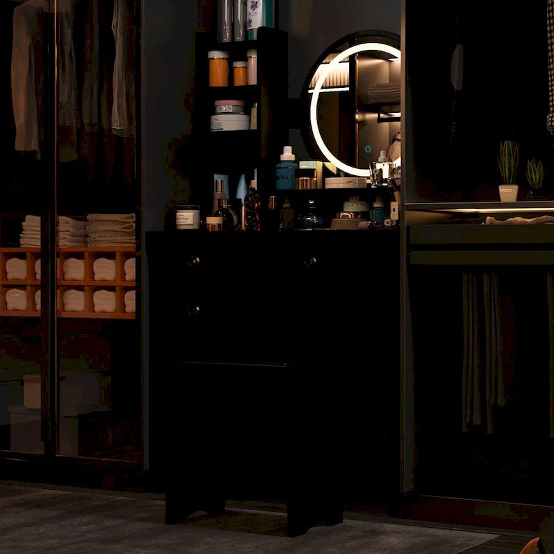 Coiffeuse 5 tiroirs avec miroir lumineux, rose/noir, 52H
