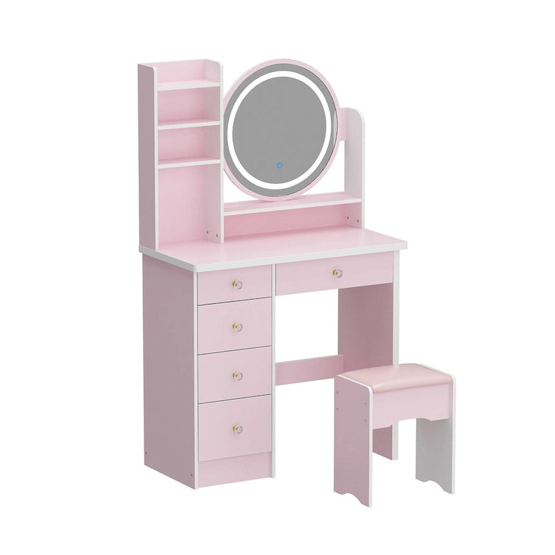 Coiffeuse 5 tiroirs avec miroir lumineux, rose/noir, 52H