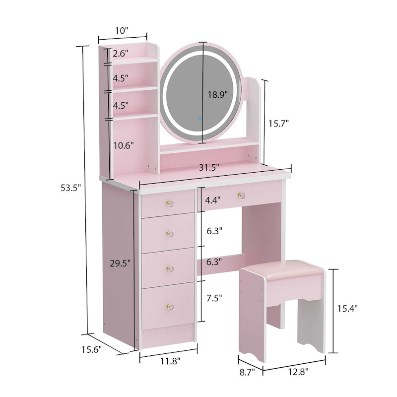 Coiffeuse 5 tiroirs avec miroir lumineux, rose/noir, 52H