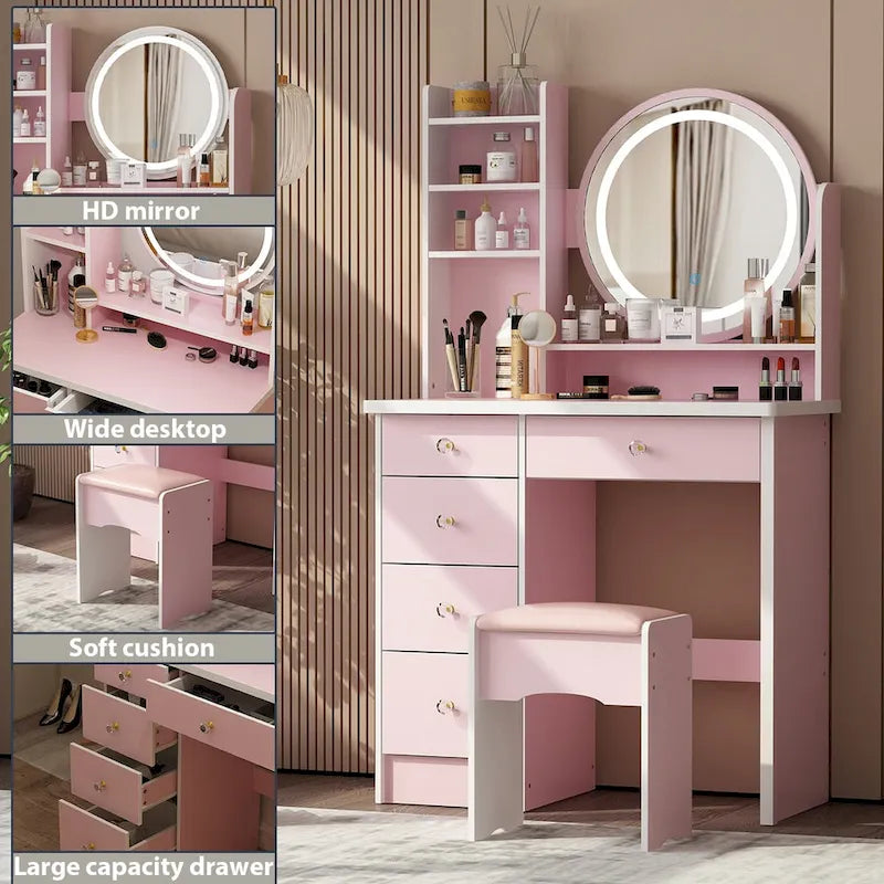Coiffeuse 5 tiroirs avec miroir lumineux, rose/noir, 52H