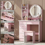 Coiffeuse 5 tiroirs avec miroir lumineux, rose/noir, 52H