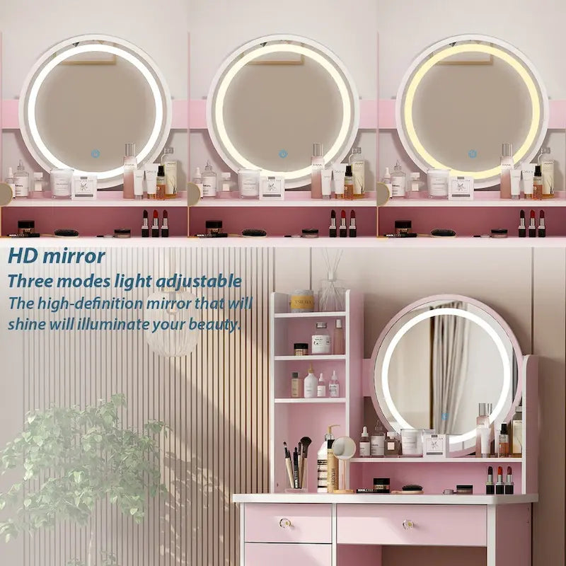 Coiffeuse 5 tiroirs avec miroir lumineux, rose/noir, 52H