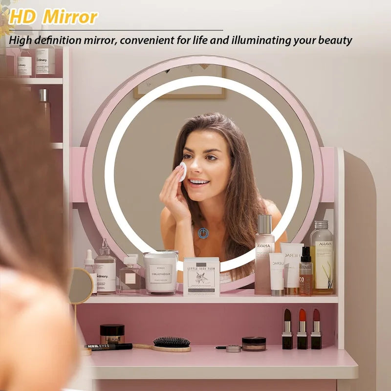 Coiffeuse 5 tiroirs avec miroir lumineux, rose/noir, 52H