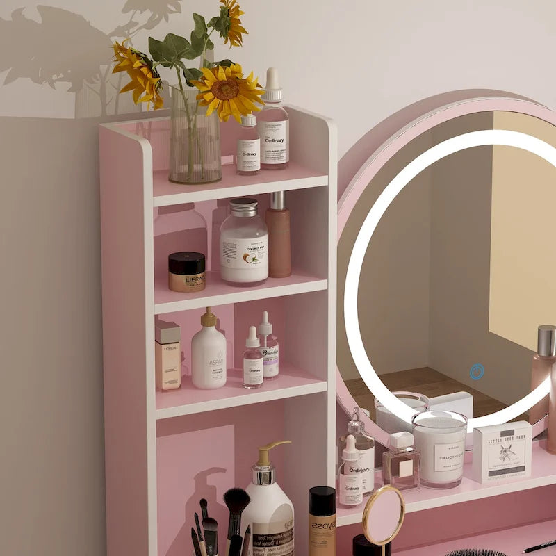 Coiffeuse 5 tiroirs avec miroir lumineux, rose/noir, 52H
