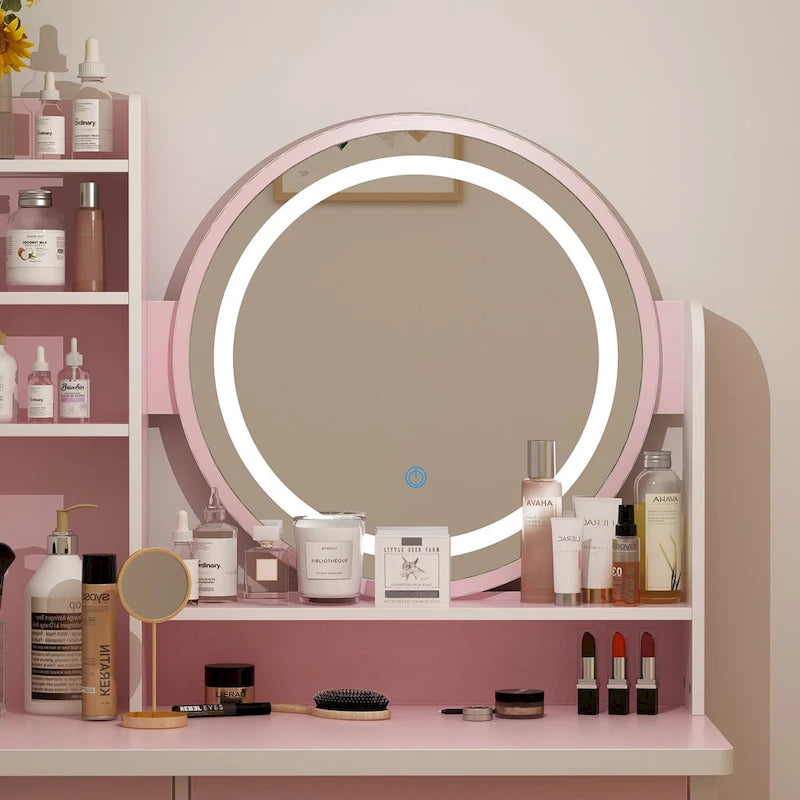 Coiffeuse 5 tiroirs avec miroir lumineux, rose/noir, 52H