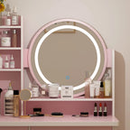 Coiffeuse 5 tiroirs avec miroir lumineux, rose/noir, 52H