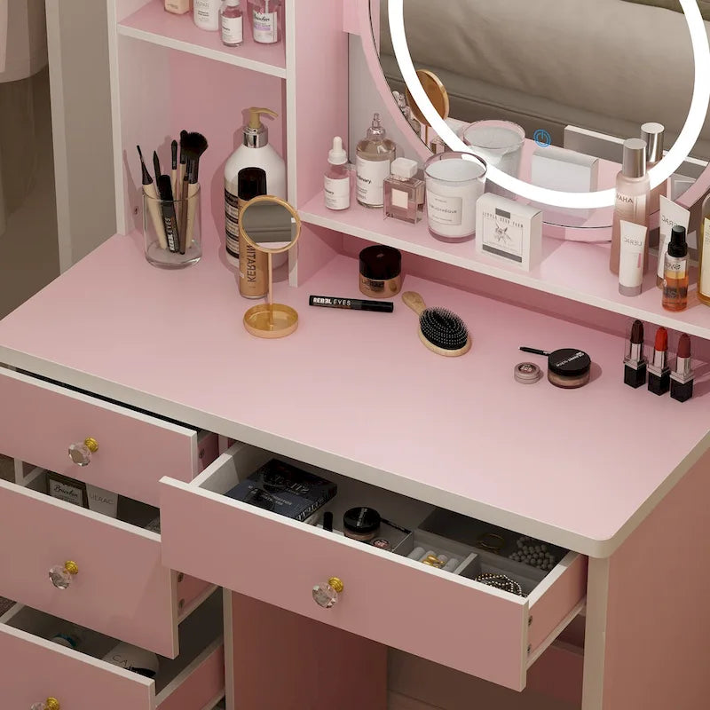 Coiffeuse 5 tiroirs avec miroir lumineux, rose/noir, 52H