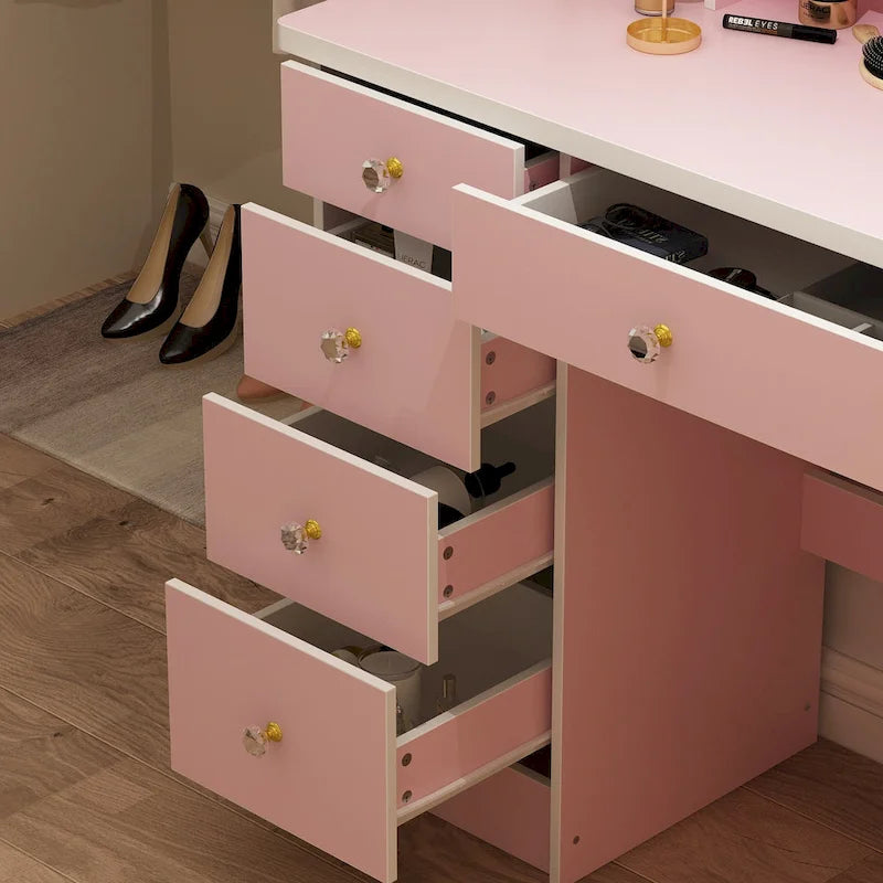 Coiffeuse 5 tiroirs avec miroir lumineux, rose/noir, 52H