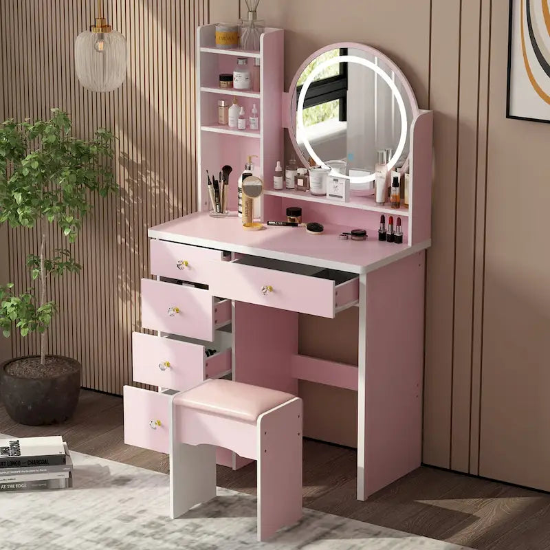Coiffeuse 5 tiroirs avec miroir lumineux, rose/noir, 52H