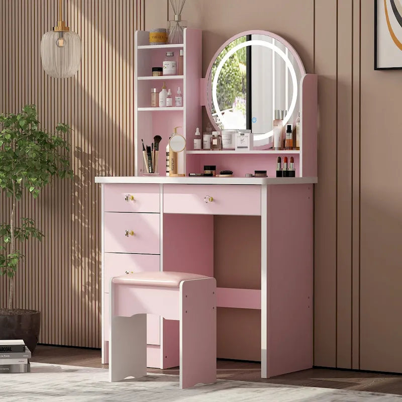 Coiffeuse 5 tiroirs avec miroir lumineux, rose/noir, 52H