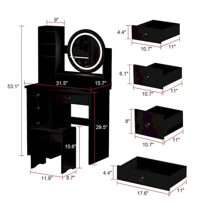 Coiffeuse 5 tiroirs avec miroir lumineux, rose/noir, 52H