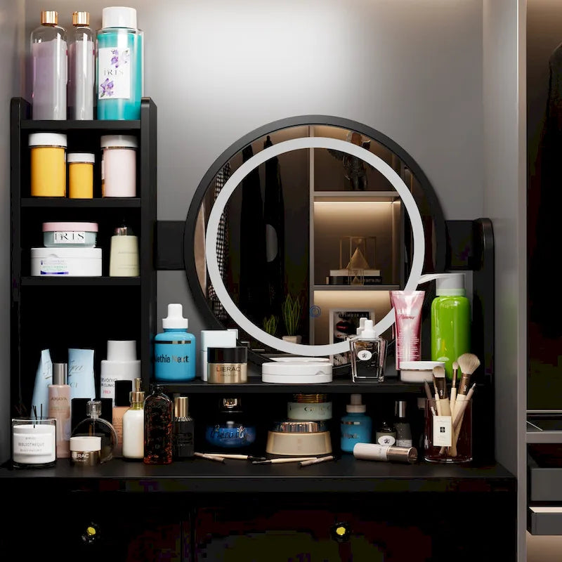 Coiffeuse 5 tiroirs avec miroir lumineux, rose/noir, 52H