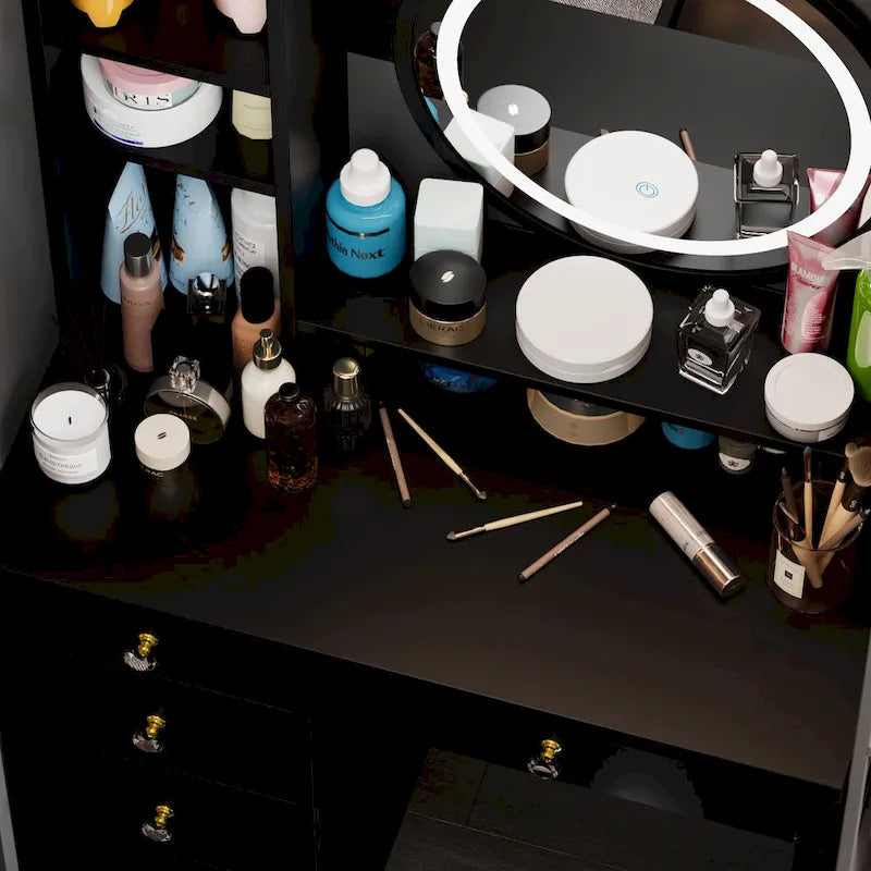Coiffeuse 5 tiroirs avec miroir lumineux, rose/noir, 52H