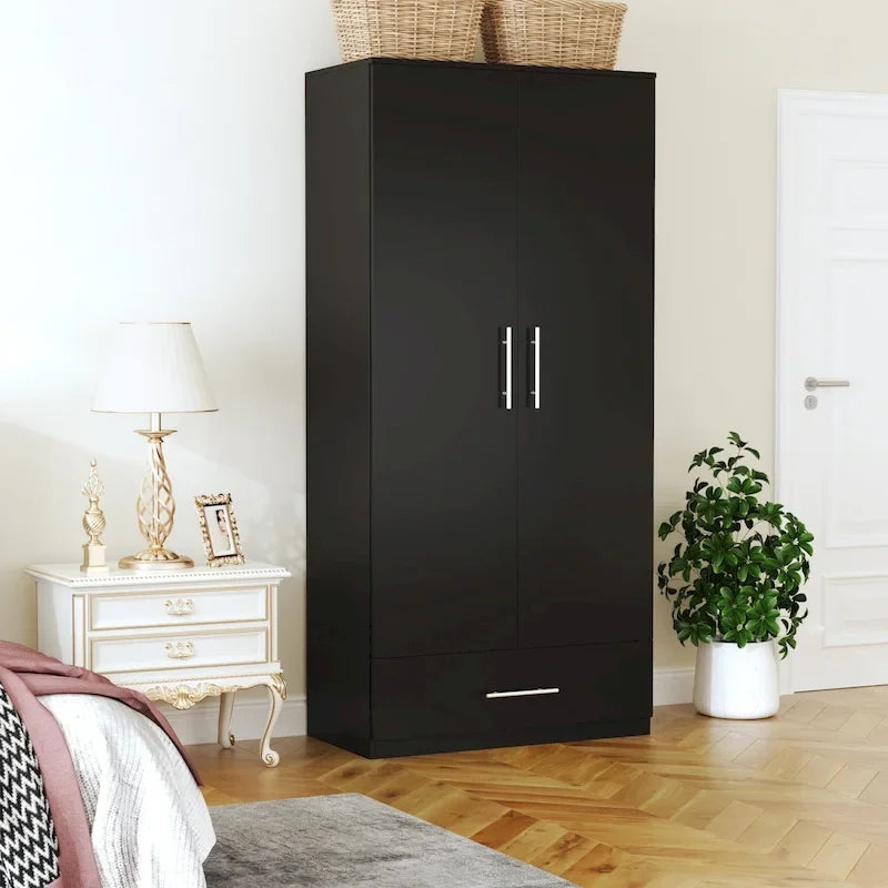 Armoire 2 portes avec tiroir de rangement et tringle à vêtements