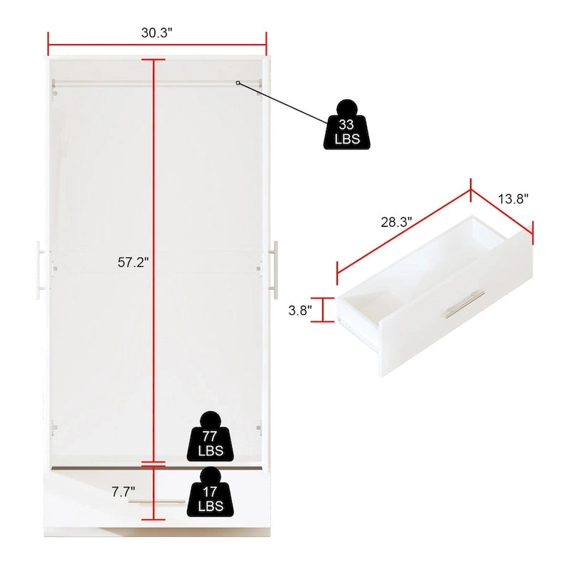 Armoire 2 portes avec tiroir de rangement et tringle à vêtements