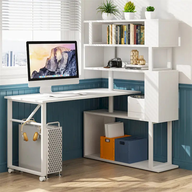Bureau d'ordinateur en forme de L avec étagère de rangement