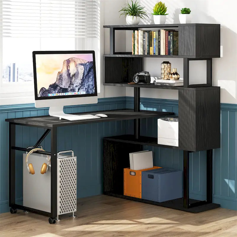 Bureau d'ordinateur en forme de L avec étagère de rangement