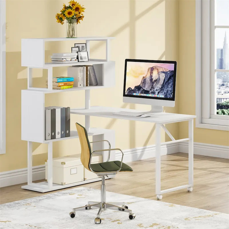 Bureau d'ordinateur en forme de L avec étagère de rangement