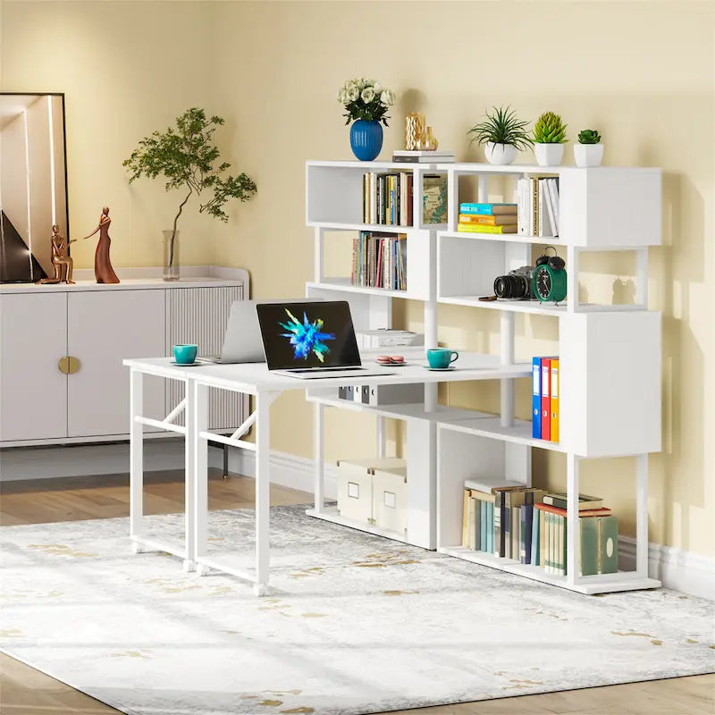 Bureau d'ordinateur en forme de L avec étagère de rangement