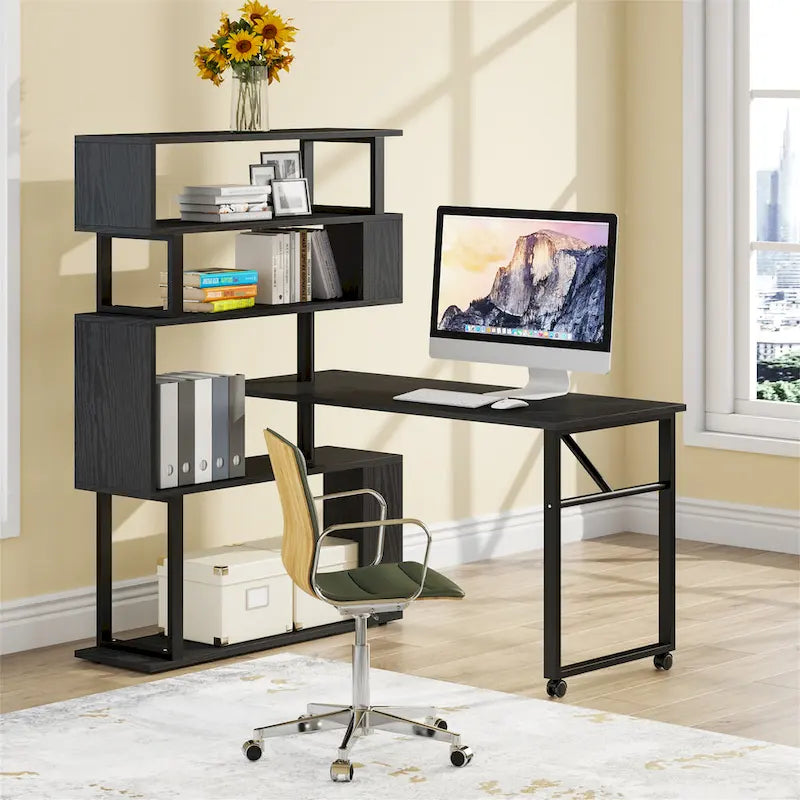 Bureau d'ordinateur en forme de L avec étagère de rangement