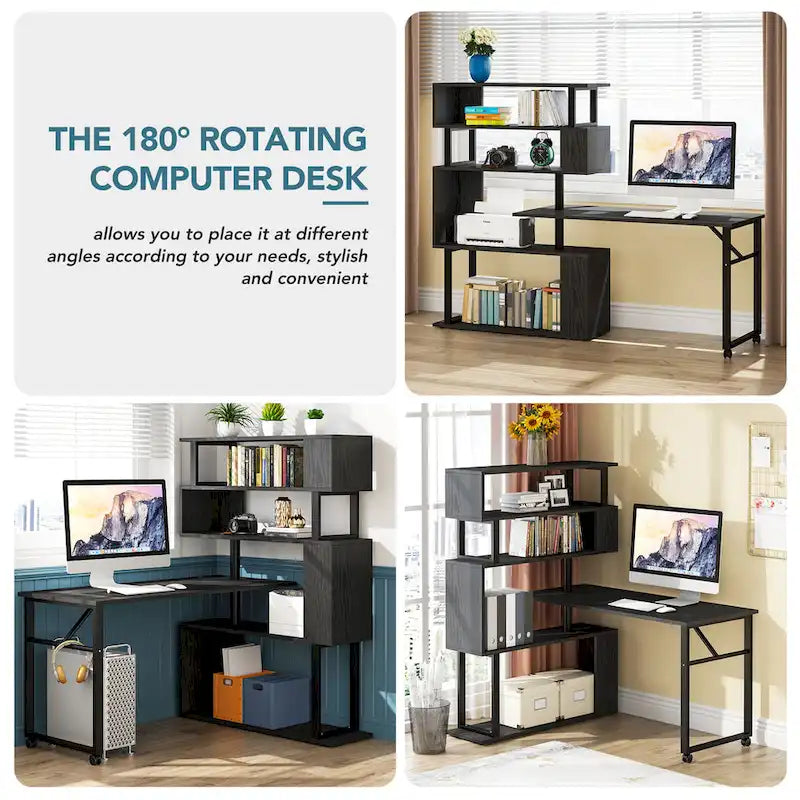 Bureau d'ordinateur en forme de L avec étagère de rangement