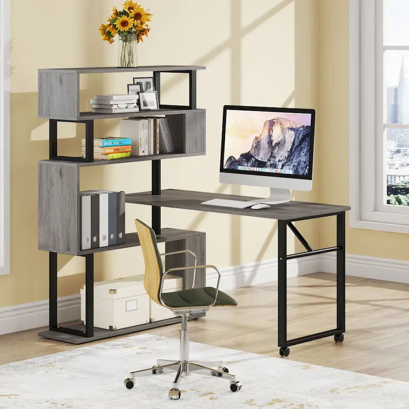 Bureau d'ordinateur en forme de L avec étagère de rangement